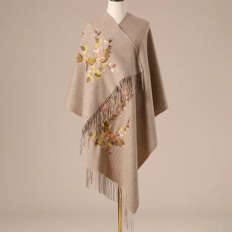 Scialle di lana con Buddha Stones, fiori bianchi e rosa, foglie dorate, ricamo con nappa, sciarpa da viaggio invernale e accogliente - Image 4