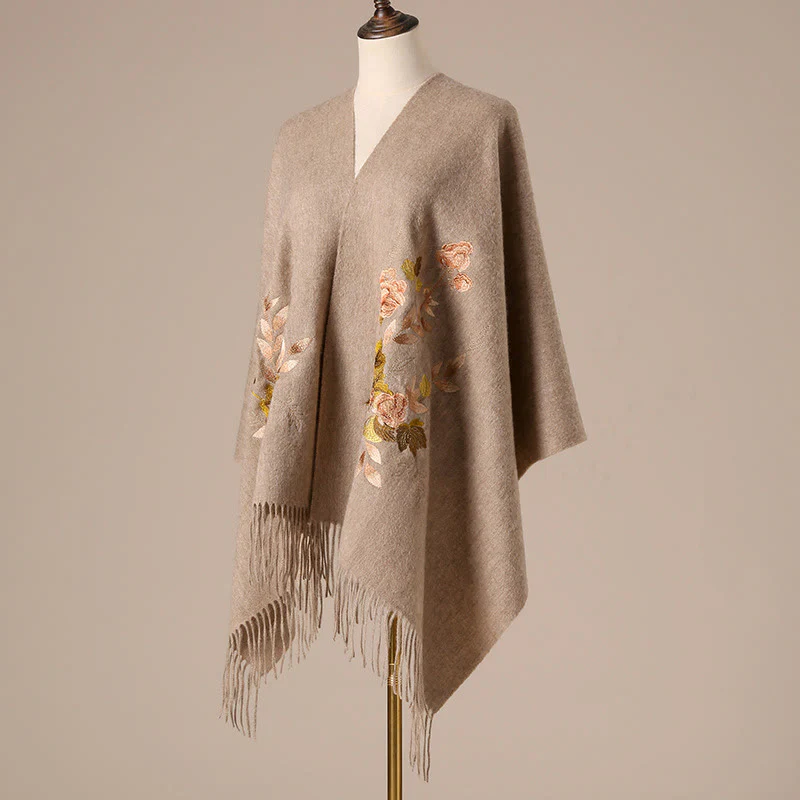 Scialle di lana con Buddha Stones, fiori bianchi e rosa, foglie dorate, ricamo con nappa, sciarpa da viaggio invernale e accogliente - Image 5