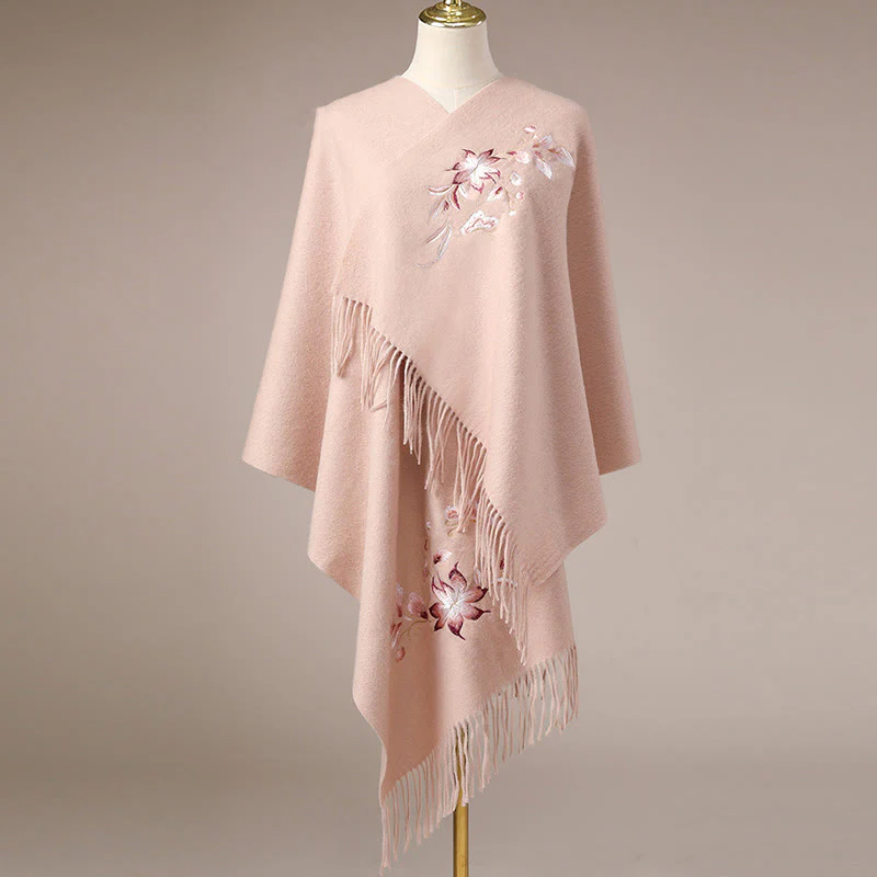 Scialle di lana con Buddha Stones , rosa, bianco, con ricamo a forma di fiore, con nappa, invernale, comodo, da viaggio - Image 2