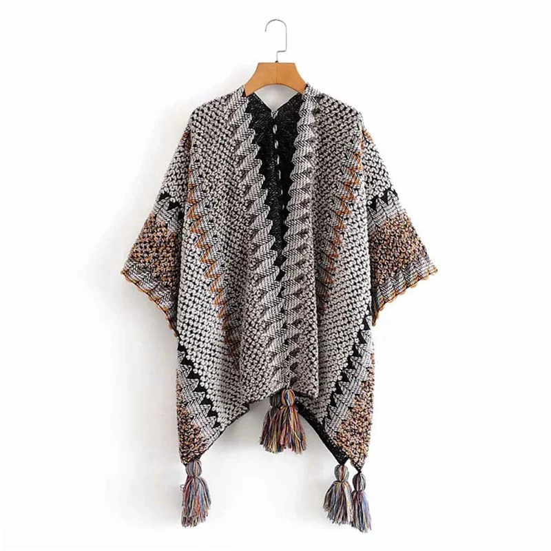 Scialle tibetano Buddha Stones, grigio, marrone, a righe, lavorato a maglia, con nappe, invernale, comodo, da viaggio - Image 10