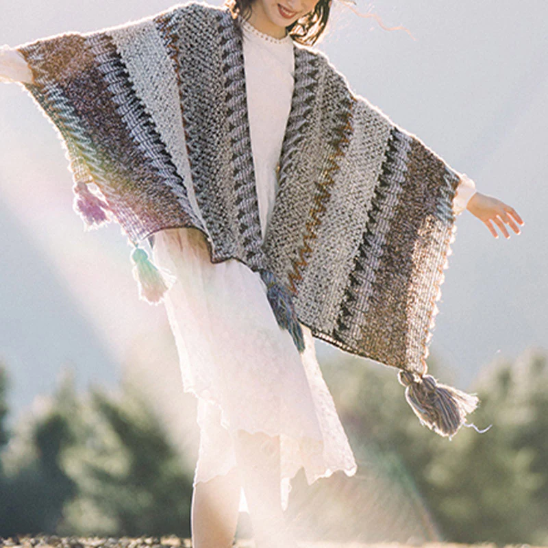 Scialle tibetano Buddha Stones, grigio, marrone, a righe, lavorato a maglia, con nappe, invernale, comodo, da viaggio - Image 16