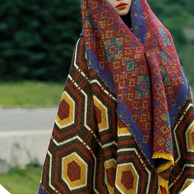Scialle tibetano con Buddha Stones , marrone, blu, rosso, motivo geometrico, invernale, comodo, da viaggio - Image 10