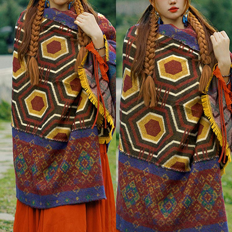 Scialle tibetano con Buddha Stones , marrone, blu, rosso, motivo geometrico, invernale, comodo, da viaggio - Image 14