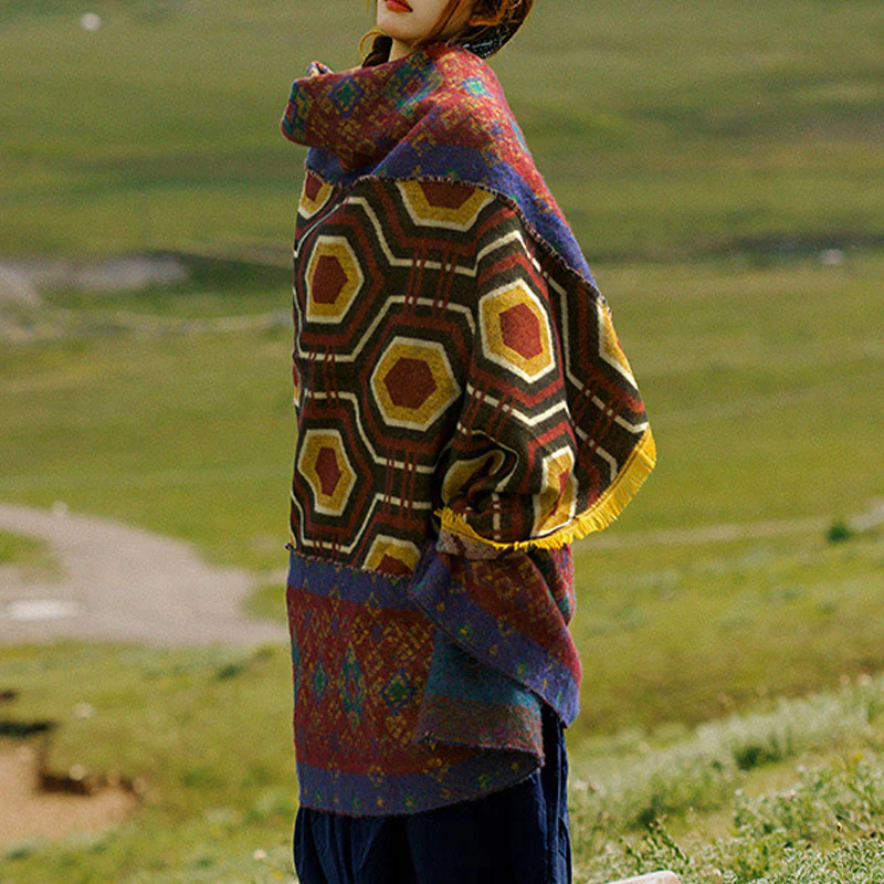 Scialle tibetano con Buddha Stones , marrone, blu, rosso, motivo geometrico, invernale, comodo, da viaggio - Image 15