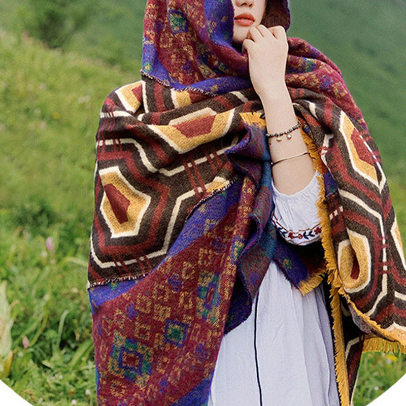 Scialle tibetano con Buddha Stones , marrone, blu, rosso, motivo geometrico, invernale, comodo, da viaggio - Image 16