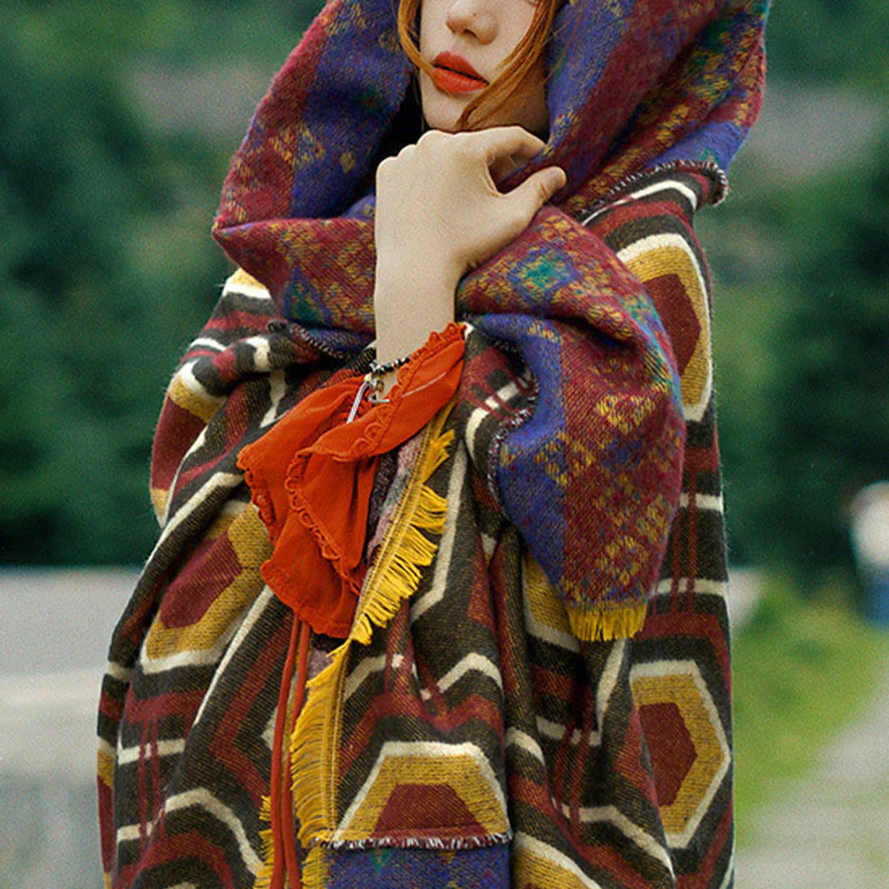 Scialle tibetano con Buddha Stones , marrone, blu, rosso, motivo geometrico, invernale, comodo, da viaggio - Image 17