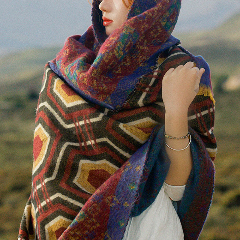 Scialle tibetano con Buddha Stones , marrone, blu, rosso, motivo geometrico, invernale, comodo, da viaggio - Image 2