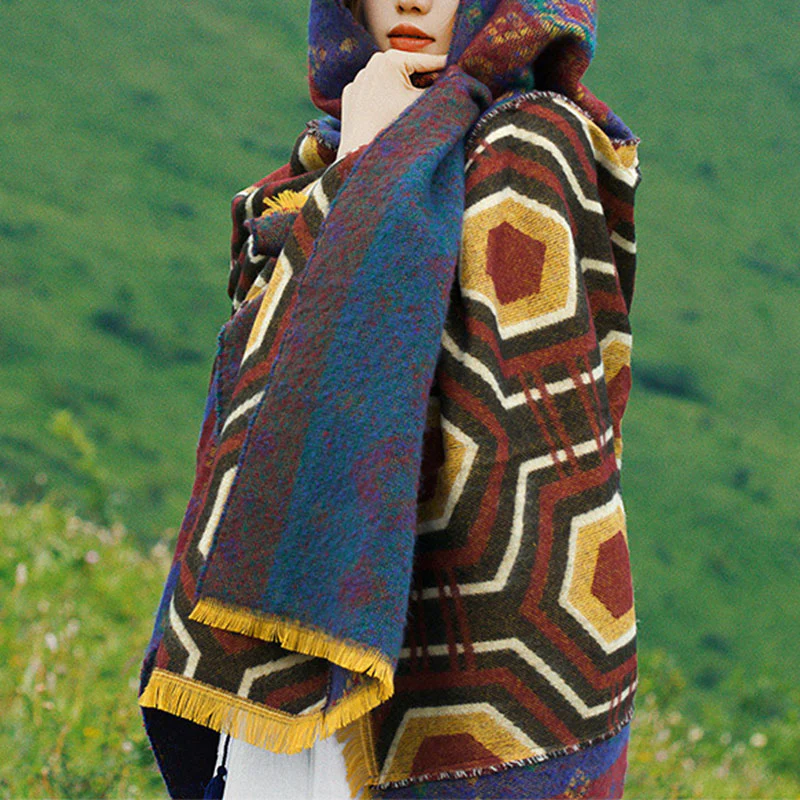 Scialle tibetano con Buddha Stones , marrone, blu, rosso, motivo geometrico, invernale, comodo, da viaggio - Image 3