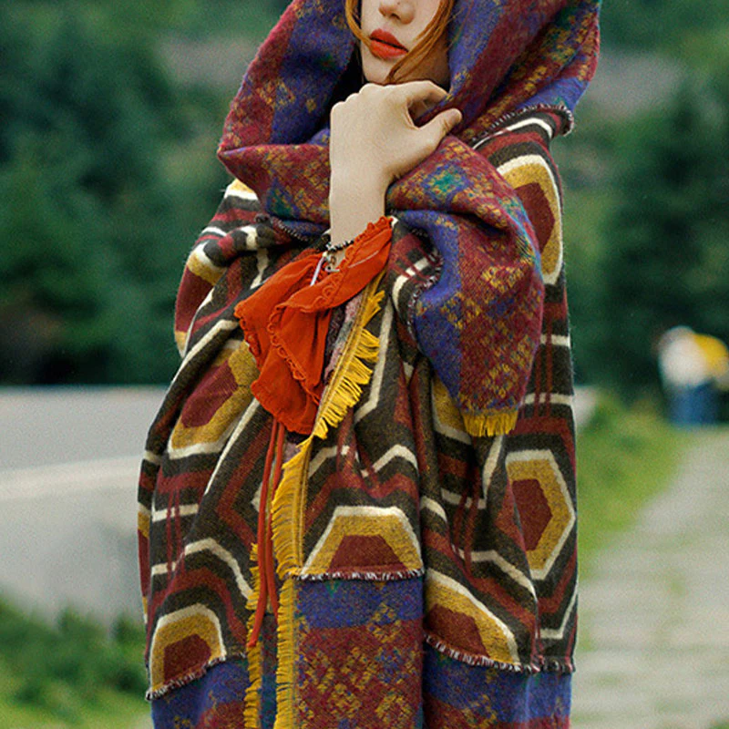 Scialle tibetano con Buddha Stones , marrone, blu, rosso, motivo geometrico, invernale, comodo, da viaggio - Image 9