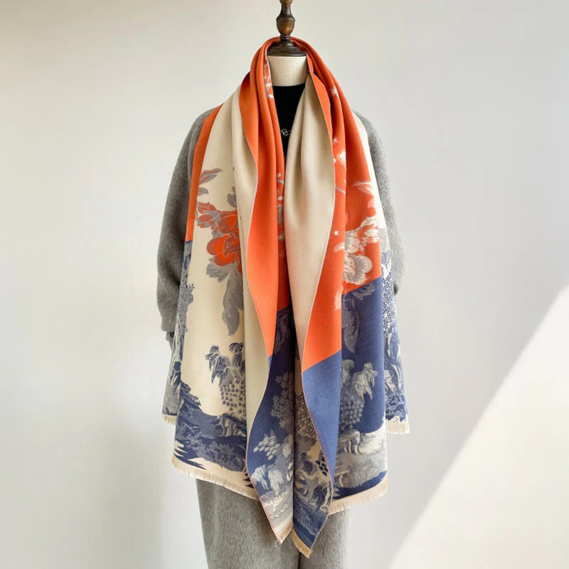 Sciarpa accogliente con motivo a padiglione, motivo Buddha Stones Fall Flowers Trees