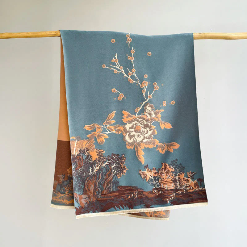 Sciarpa accogliente con motivo a padiglione, motivo Buddha Stones Fall Flowers Trees - Image 10