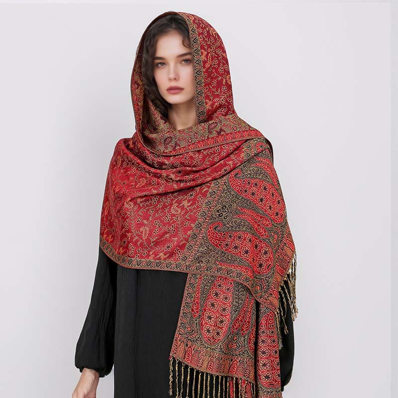 Sciarpa scialle con nappa e motivo floreale in jacquard paisley tibetano Buddha Stones - Image 3