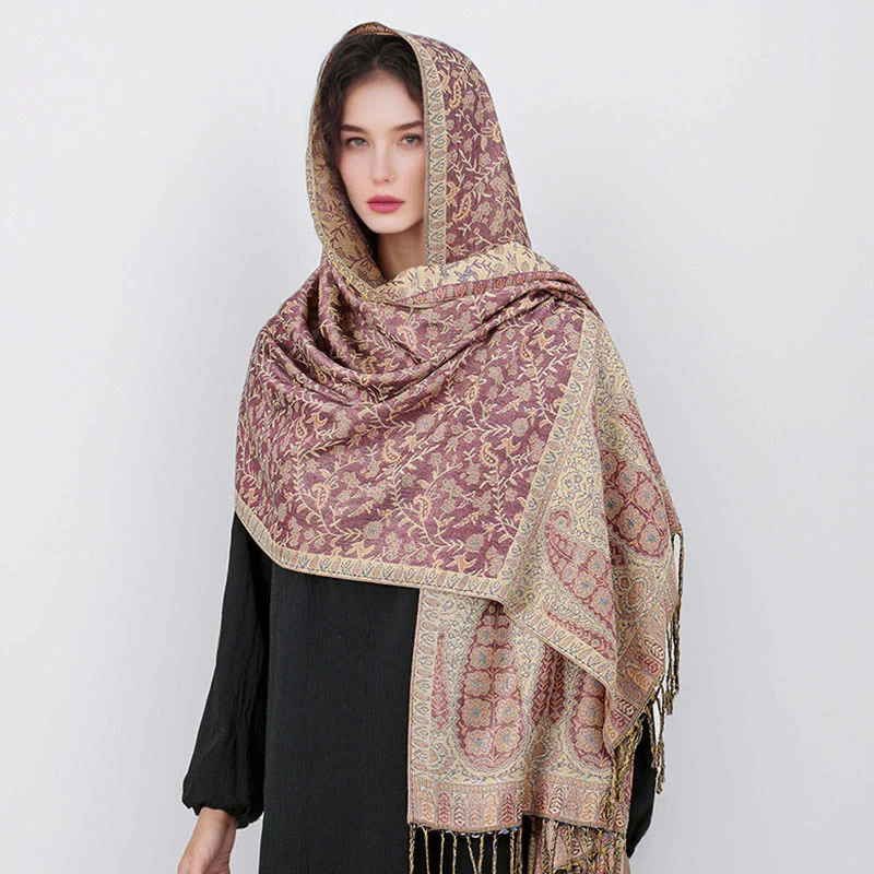 Sciarpa scialle con nappa e motivo floreale in jacquard paisley tibetano Buddha Stones - Image 33