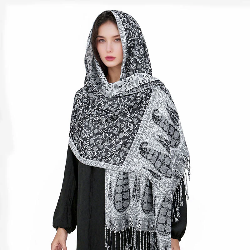 Sciarpa scialle con nappa e motivo floreale in jacquard paisley tibetano Buddha Stones - Image 37