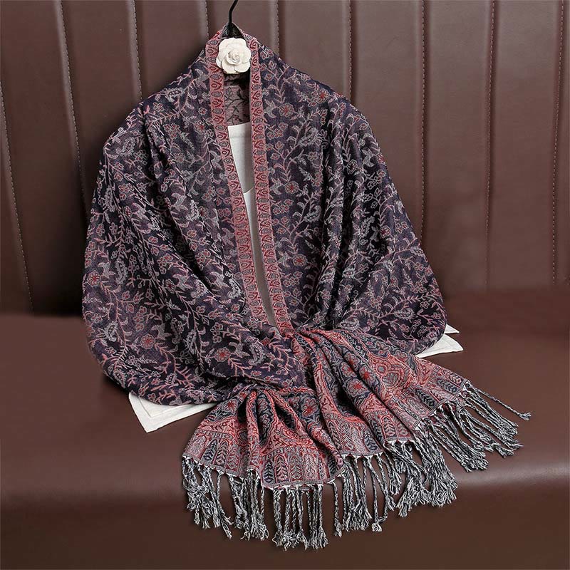 Sciarpa scialle con nappa e motivo floreale in jacquard paisley tibetano Buddha Stones - Image 38