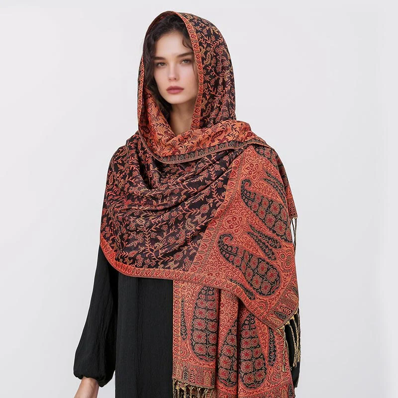 Sciarpa scialle con nappa e motivo floreale in jacquard paisley tibetano Buddha Stones - Image 9