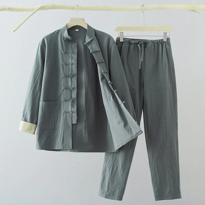 Set da 2 pezzi Buddha Stones Tang Suit da uomo con bottoni a rana, camicia a maniche lunghe in cotone e pantaloni con tasche - Image 15