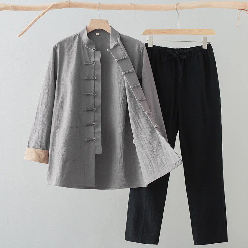 Set da 2 pezzi Buddha Stones Tang Suit da uomo con bottoni a rana, camicia a maniche lunghe in cotone e pantaloni con tasche - Image 17