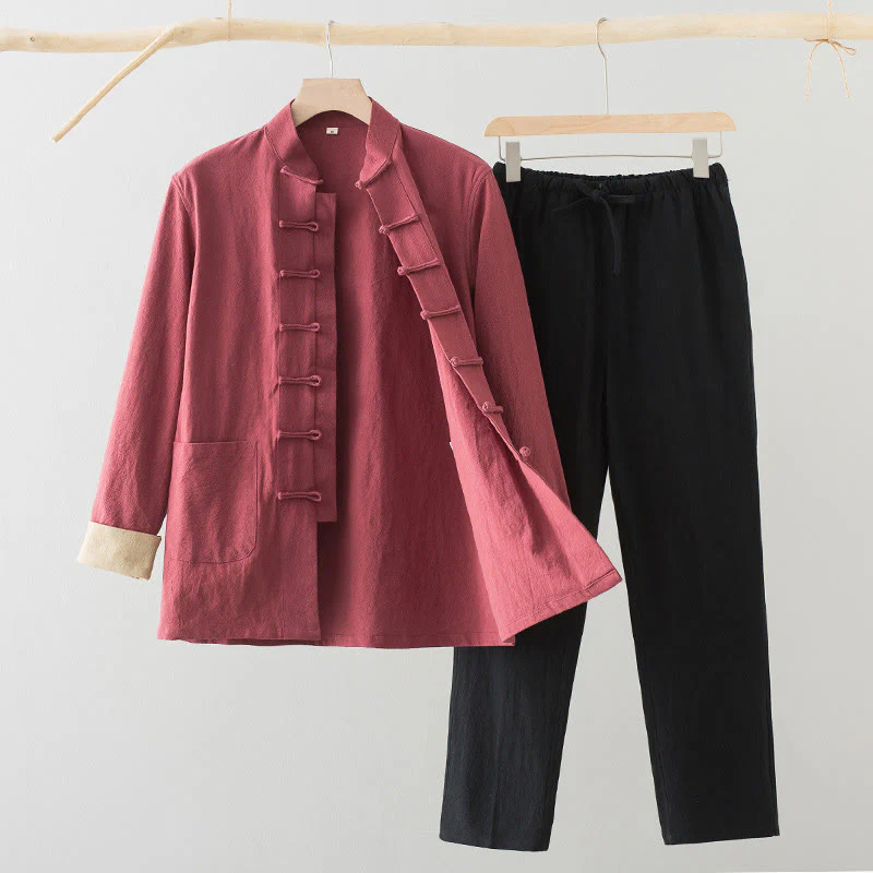 Set da 2 pezzi Buddha Stones Tang Suit da uomo con bottoni a rana, camicia a maniche lunghe in cotone e pantaloni con tasche - Image 18