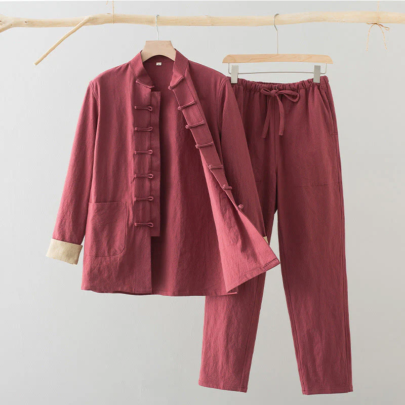 Set da 2 pezzi Buddha Stones Tang Suit da uomo con bottoni a rana, camicia a maniche lunghe in cotone e pantaloni con tasche - Image 19