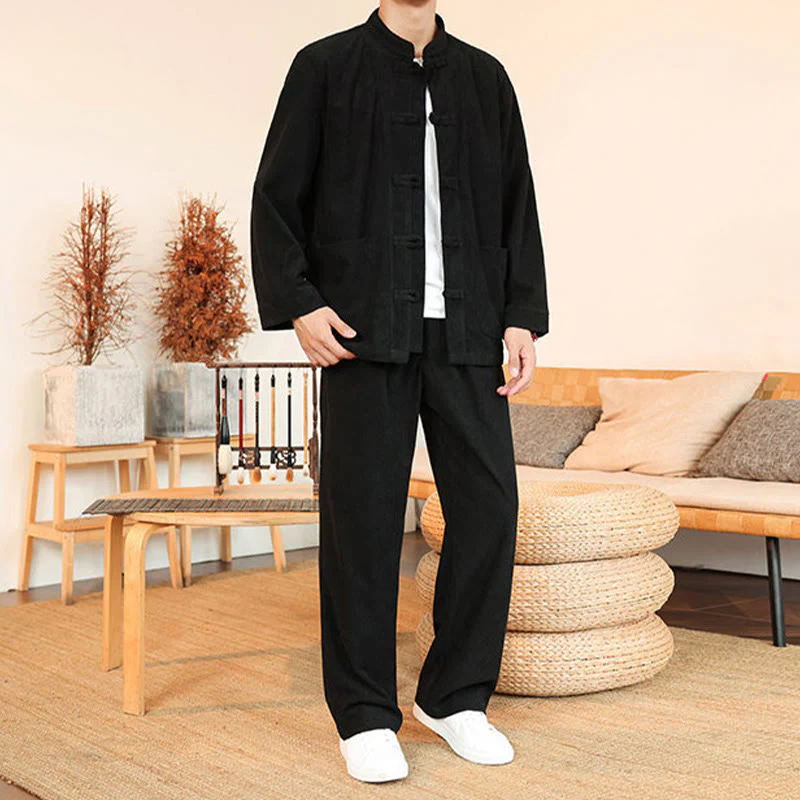 Set da 2 pezzi da uomo in velluto a coste di cotone con bottoni a rana, camicia a maniche lunghe e pantaloni, Buddha Stones - Image 24