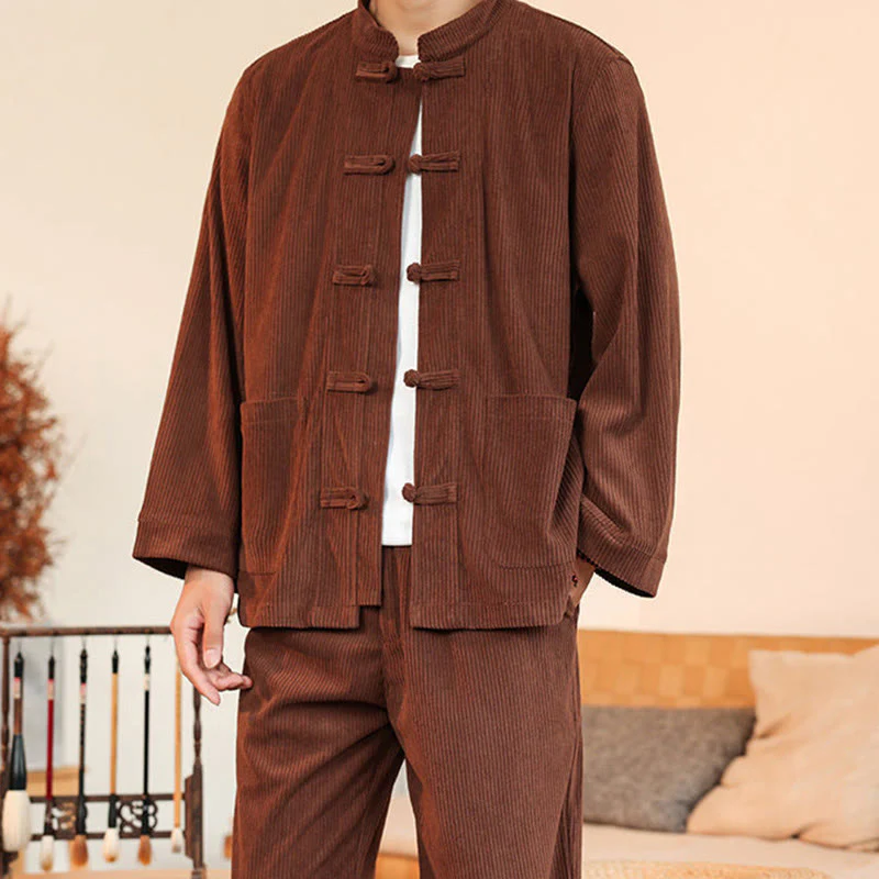 Set da 2 pezzi da uomo in velluto a coste di cotone con bottoni a rana, camicia a maniche lunghe e pantaloni, Buddha Stones - Image 8