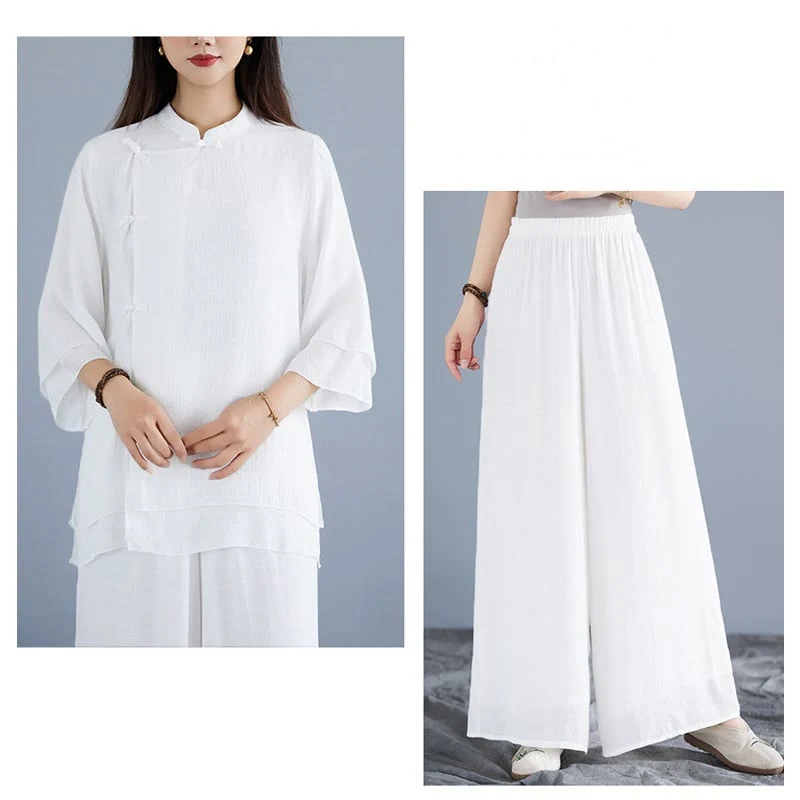 Set da donna di abbigliamento Zen per meditazione, in tinta unita, con maniche a tre quarti, pantaloni larghi e bottoni a rana, motivo Buddha Stones, 2 pezzi - Image 10