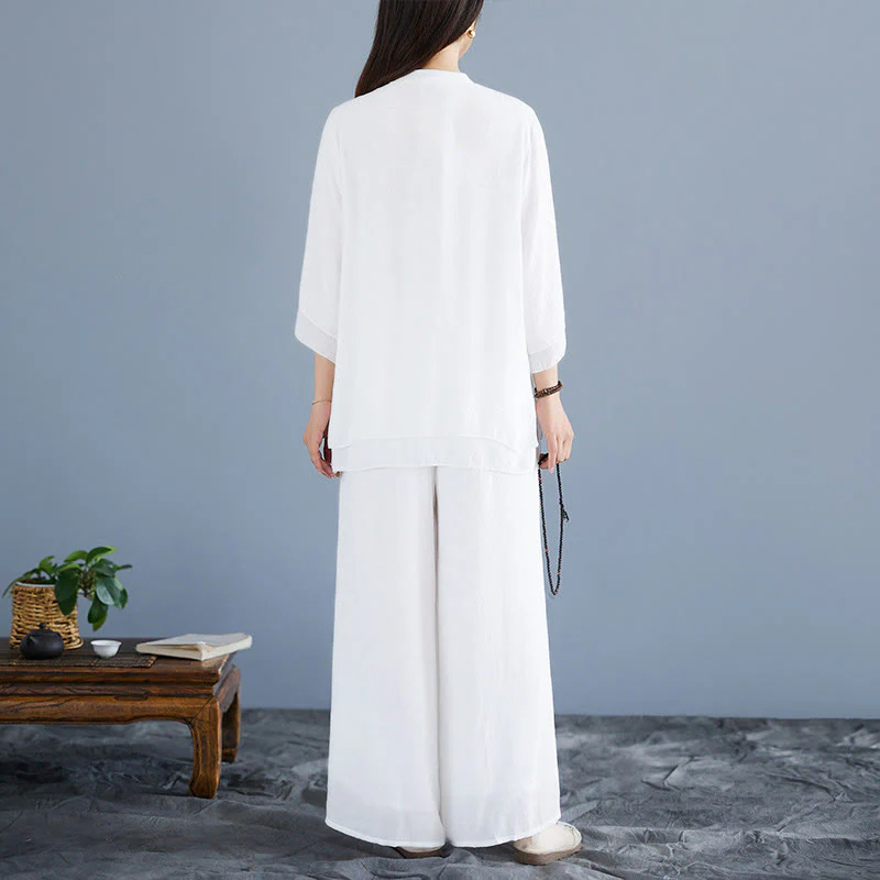 Set da donna di abbigliamento Zen per meditazione, in tinta unita, con maniche a tre quarti, pantaloni larghi e bottoni a rana, motivo Buddha Stones, 2 pezzi - Image 4