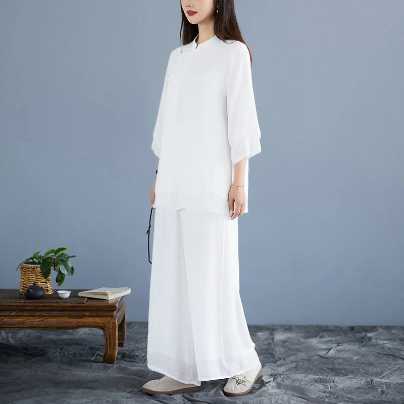 Set da donna di abbigliamento Zen per meditazione, in tinta unita, con maniche a tre quarti, pantaloni larghi e bottoni a rana, motivo Buddha Stones, 2 pezzi - Image 5