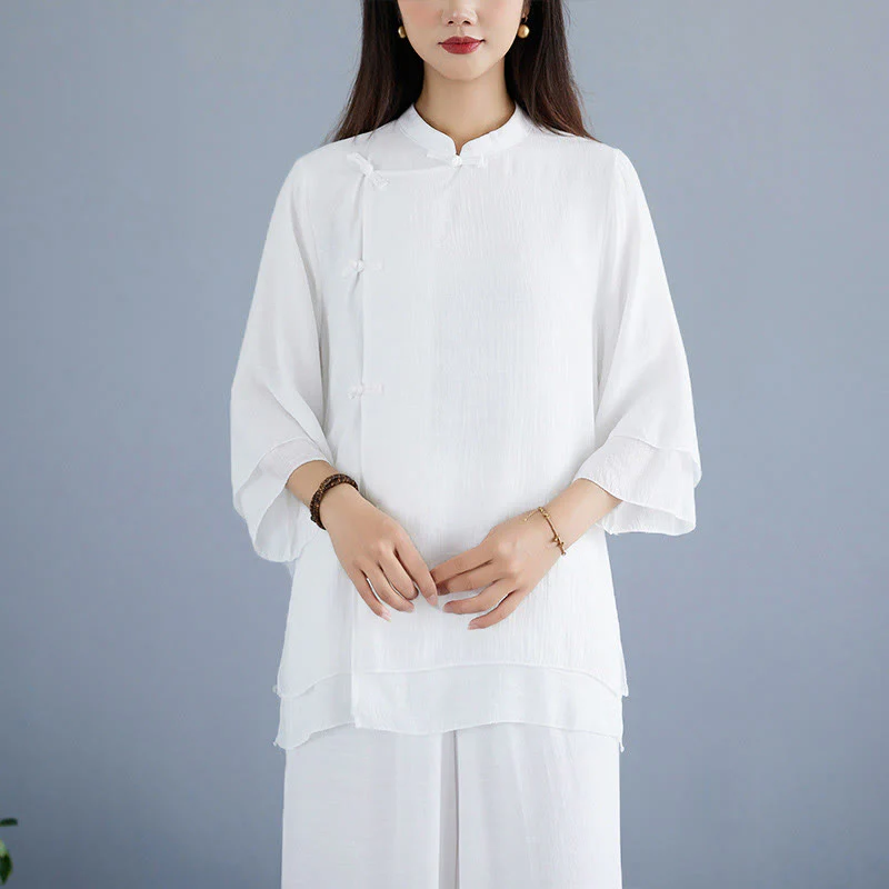 Set da donna di abbigliamento Zen per meditazione, in tinta unita, con maniche a tre quarti, pantaloni larghi e bottoni a rana, motivo Buddha Stones, 2 pezzi - Image 6