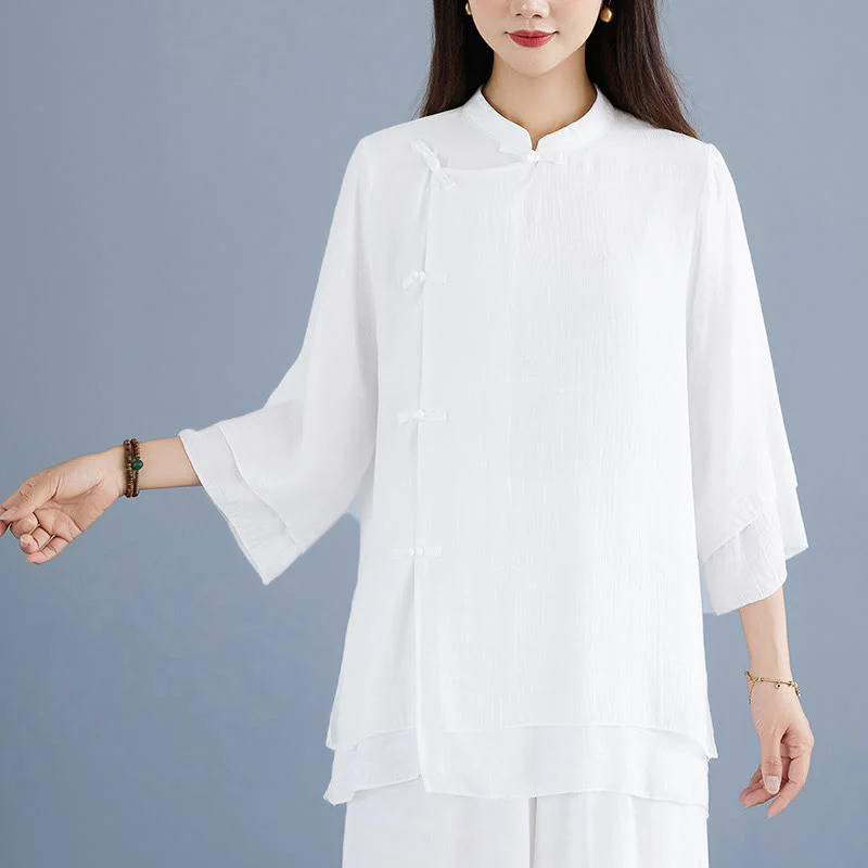Set da donna di abbigliamento Zen per meditazione, in tinta unita, con maniche a tre quarti, pantaloni larghi e bottoni a rana, motivo Buddha Stones, 2 pezzi - Image 7
