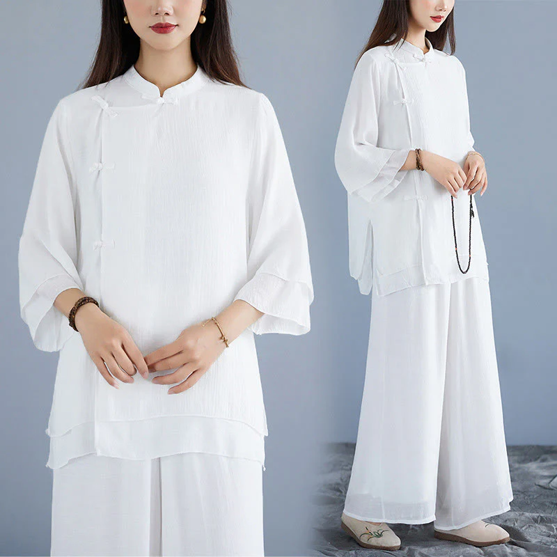 Set da donna di abbigliamento Zen per meditazione, in tinta unita, con maniche a tre quarti, pantaloni larghi e bottoni a rana, motivo Buddha Stones, 2 pezzi - Image 9
