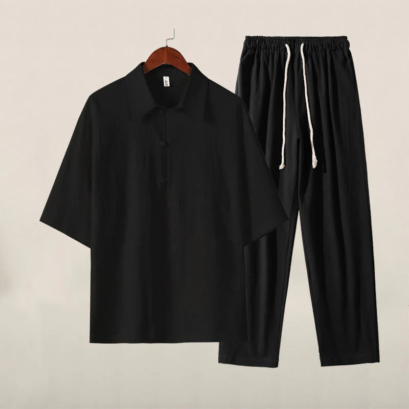 Completo da uomo in cotone con tasche e stampa Buddha Stones, composto da camicia a mezzo bottone, pantaloni con coulisse e motivo Buddha Stones Casual 2 pezzi, ideale per la meditazione, con tasche. - Image 13