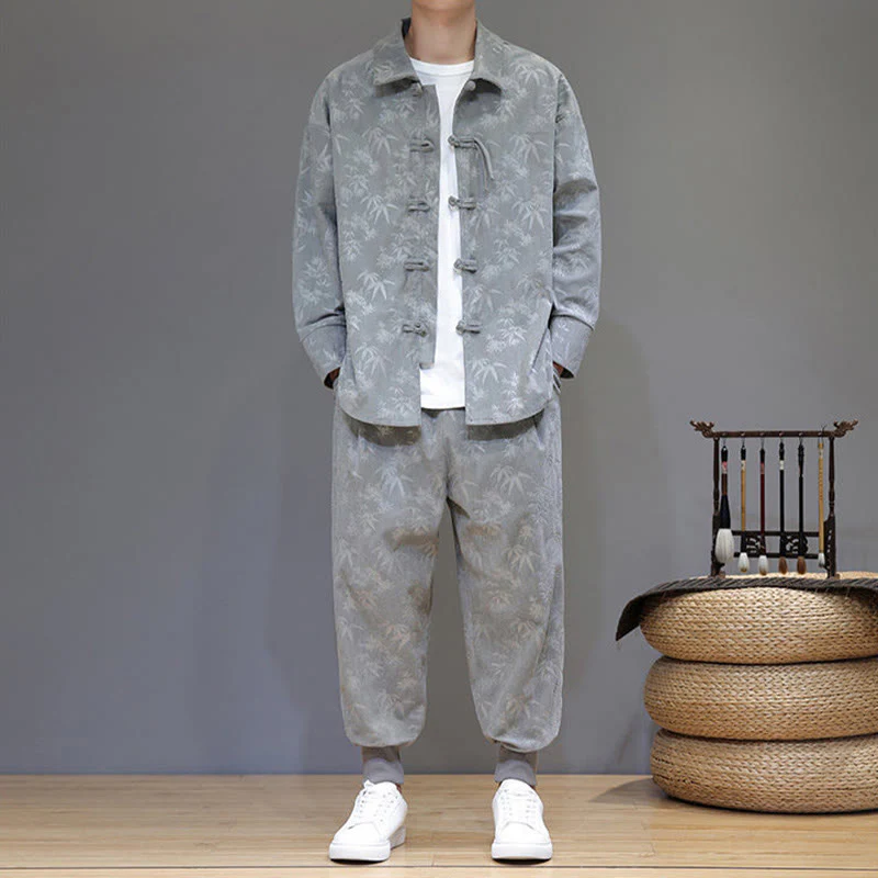 Set di 2 giacche e pantaloni a maniche lunghe in velluto a coste di cotone con bottoni a rana, da uomo, invernali, spessi, in bambù, con tasche, Buddha Stones - Image 10