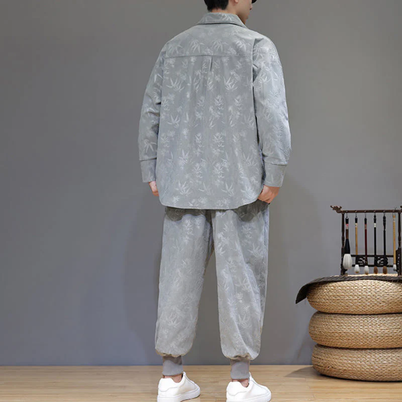 Set di 2 giacche e pantaloni a maniche lunghe in velluto a coste di cotone con bottoni a rana, da uomo, invernali, spessi, in bambù, con tasche, Buddha Stones - Image 12
