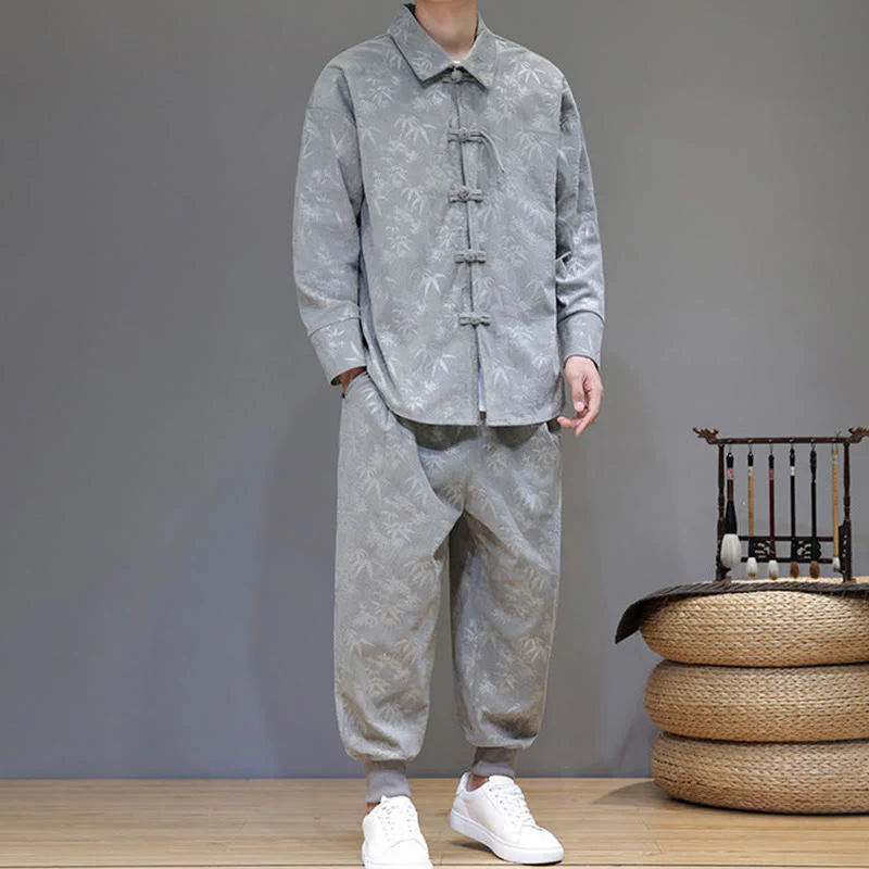 Set di 2 giacche e pantaloni a maniche lunghe in velluto a coste di cotone con bottoni a rana, da uomo, invernali, spessi, in bambù, con tasche, Buddha Stones - Image 14