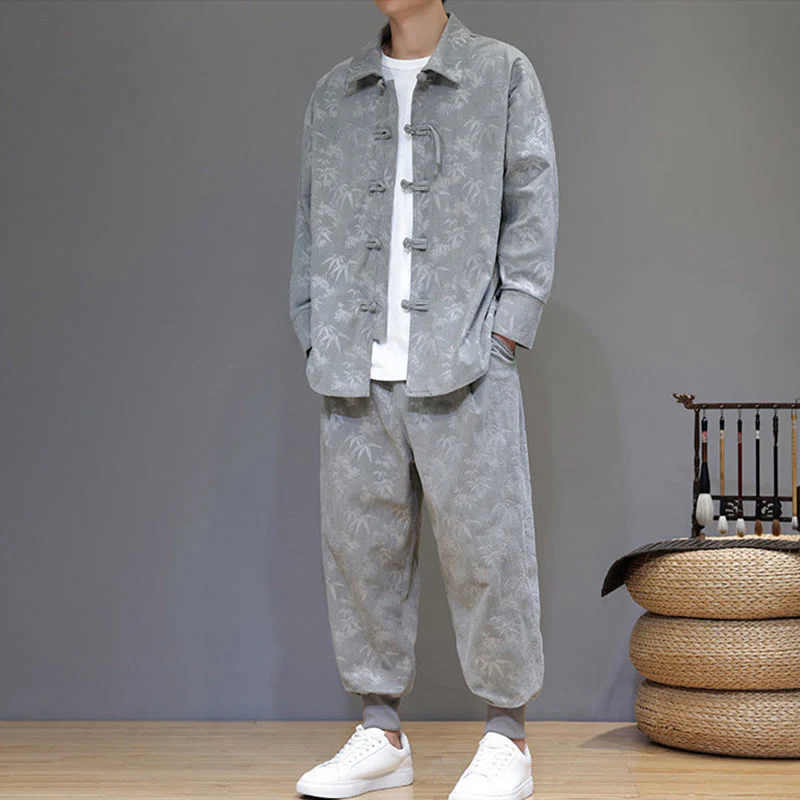 Set di 2 giacche e pantaloni a maniche lunghe in velluto a coste di cotone con bottoni a rana, da uomo, invernali, spessi, in bambù, con tasche, Buddha Stones - Image 15