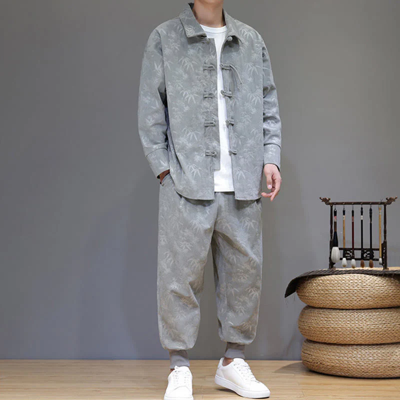 Set di 2 giacche e pantaloni a maniche lunghe in velluto a coste di cotone con bottoni a rana, da uomo, invernali, spessi, in bambù, con tasche, Buddha Stones - Image 16