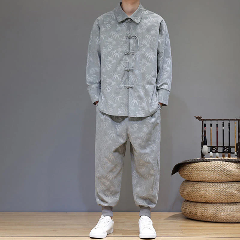 Set di 2 giacche e pantaloni a maniche lunghe in velluto a coste di cotone con bottoni a rana, da uomo, invernali, spessi, in bambù, con tasche, Buddha Stones - Image 17