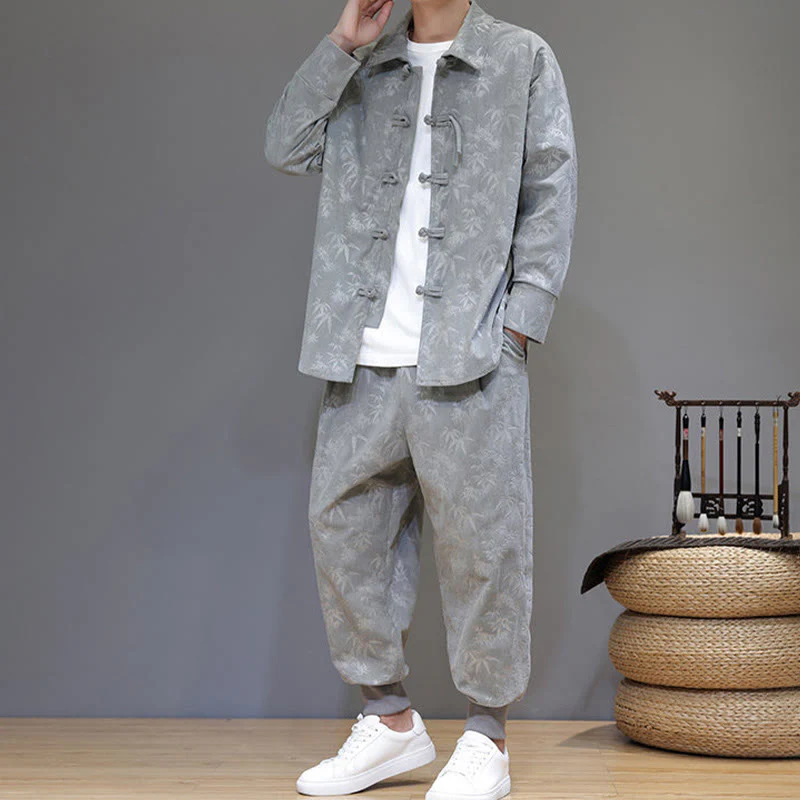 Set di 2 giacche e pantaloni a maniche lunghe in velluto a coste di cotone con bottoni a rana, da uomo, invernali, spessi, in bambù, con tasche, Buddha Stones - Image 18