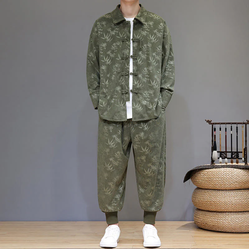 Set di 2 giacche e pantaloni a maniche lunghe in velluto a coste di cotone con bottoni a rana, da uomo, invernali, spessi, in bambù, con tasche, Buddha Stones - Image 2