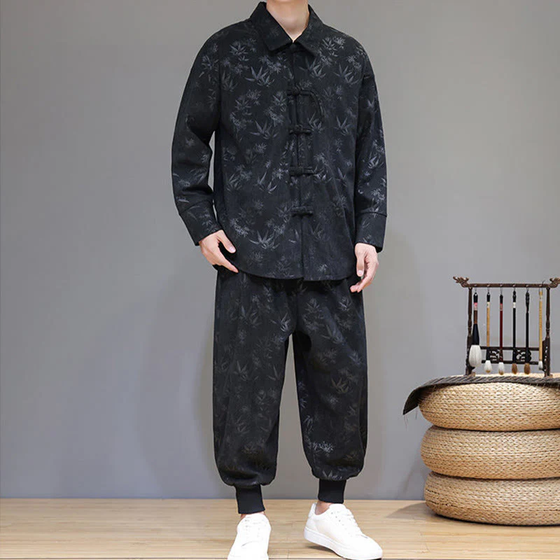Set di 2 giacche e pantaloni a maniche lunghe in velluto a coste di cotone con bottoni a rana, da uomo, invernali, spessi, in bambù, con tasche, Buddha Stones - Image 24