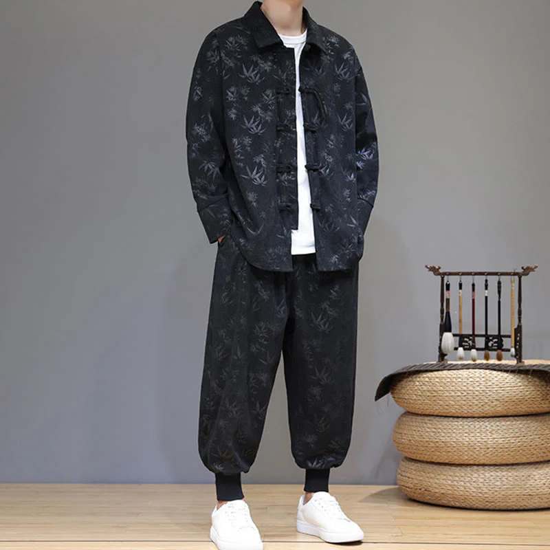 Set di 2 giacche e pantaloni a maniche lunghe in velluto a coste di cotone con bottoni a rana, da uomo, invernali, spessi, in bambù, con tasche, Buddha Stones - Image 25