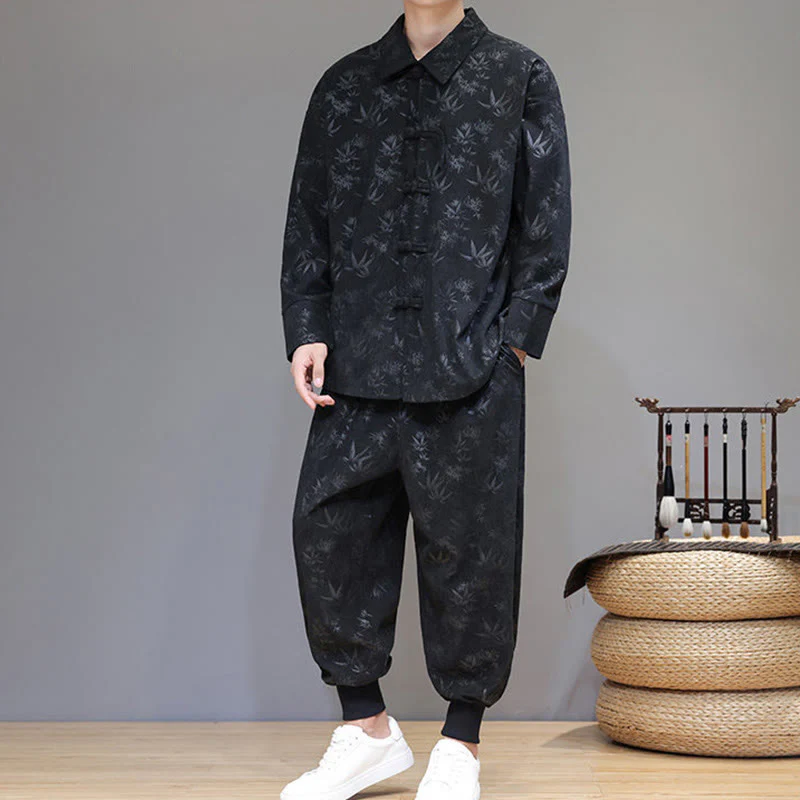 Set di 2 giacche e pantaloni a maniche lunghe in velluto a coste di cotone con bottoni a rana, da uomo, invernali, spessi, in bambù, con tasche, Buddha Stones - Image 30