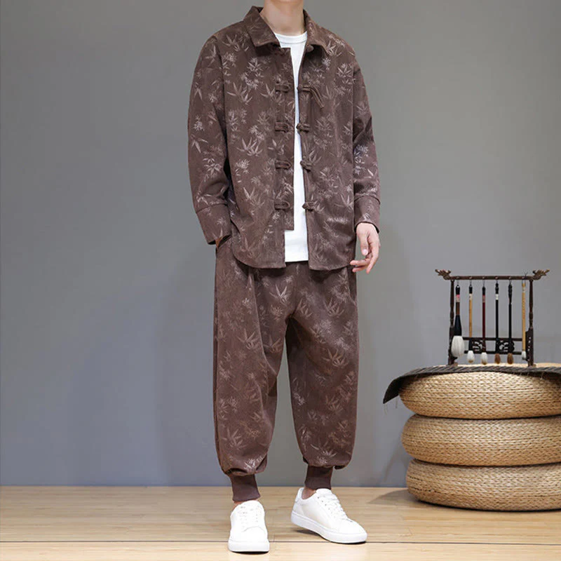 Set di 2 giacche e pantaloni a maniche lunghe in velluto a coste di cotone con bottoni a rana, da uomo, invernali, spessi, in bambù, con tasche, Buddha Stones - Image 32