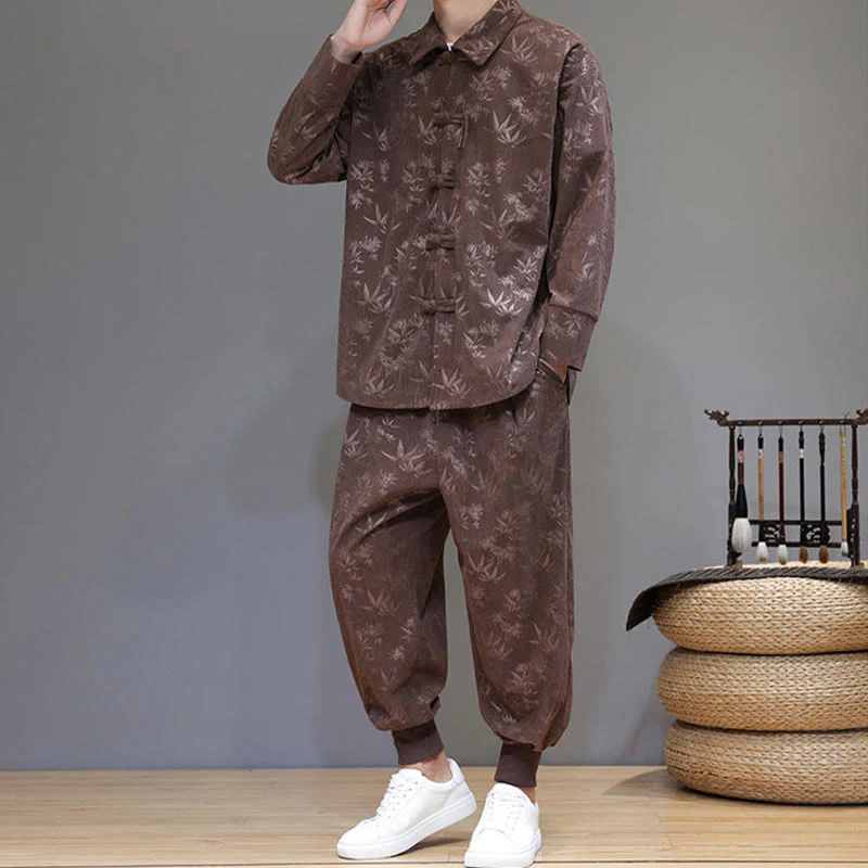 Set di 2 giacche e pantaloni a maniche lunghe in velluto a coste di cotone con bottoni a rana, da uomo, invernali, spessi, in bambù, con tasche, Buddha Stones - Image 33