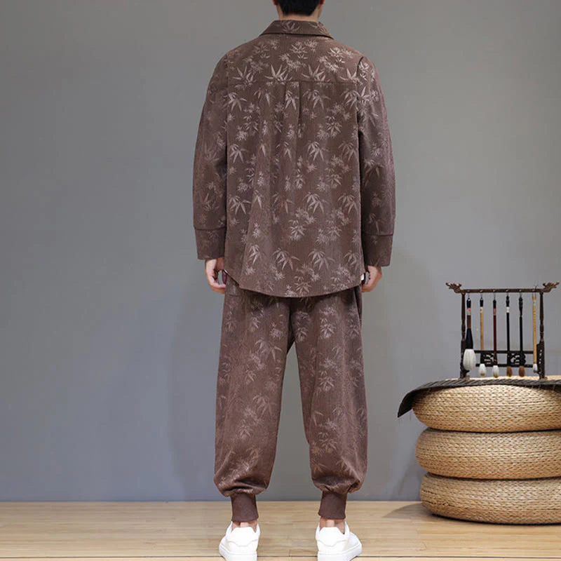 Set di 2 giacche e pantaloni a maniche lunghe in velluto a coste di cotone con bottoni a rana, da uomo, invernali, spessi, in bambù, con tasche, Buddha Stones - Image 34