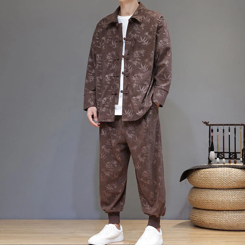 Set di 2 giacche e pantaloni a maniche lunghe in velluto a coste di cotone con bottoni a rana, da uomo, invernali, spessi, in bambù, con tasche, Buddha Stones - Image 37