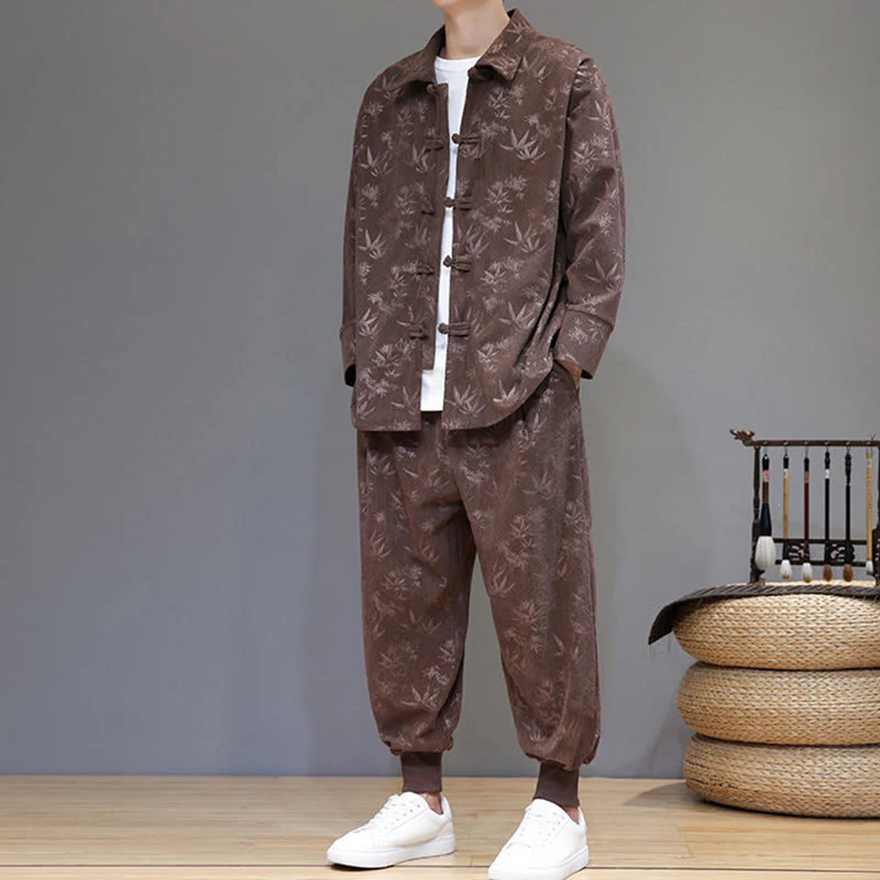 Set di 2 giacche e pantaloni a maniche lunghe in velluto a coste di cotone con bottoni a rana, da uomo, invernali, spessi, in bambù, con tasche, Buddha Stones - Image 38
