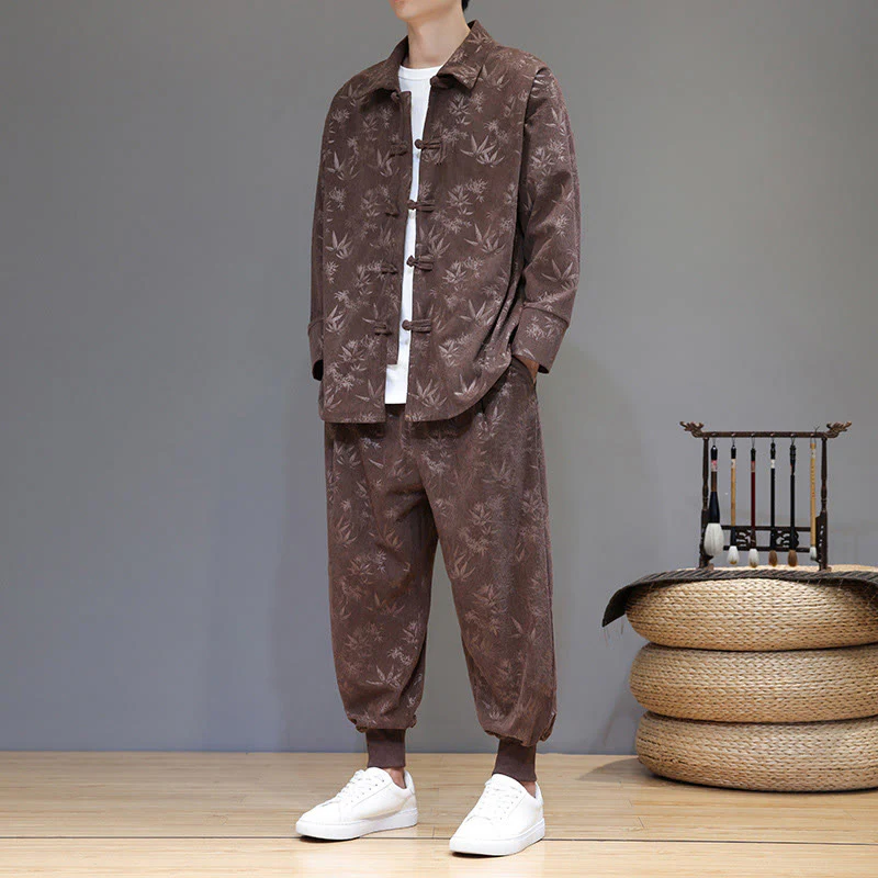 Set di 2 giacche e pantaloni a maniche lunghe in velluto a coste di cotone con bottoni a rana, da uomo, invernali, spessi, in bambù, con tasche, Buddha Stones - Image 39